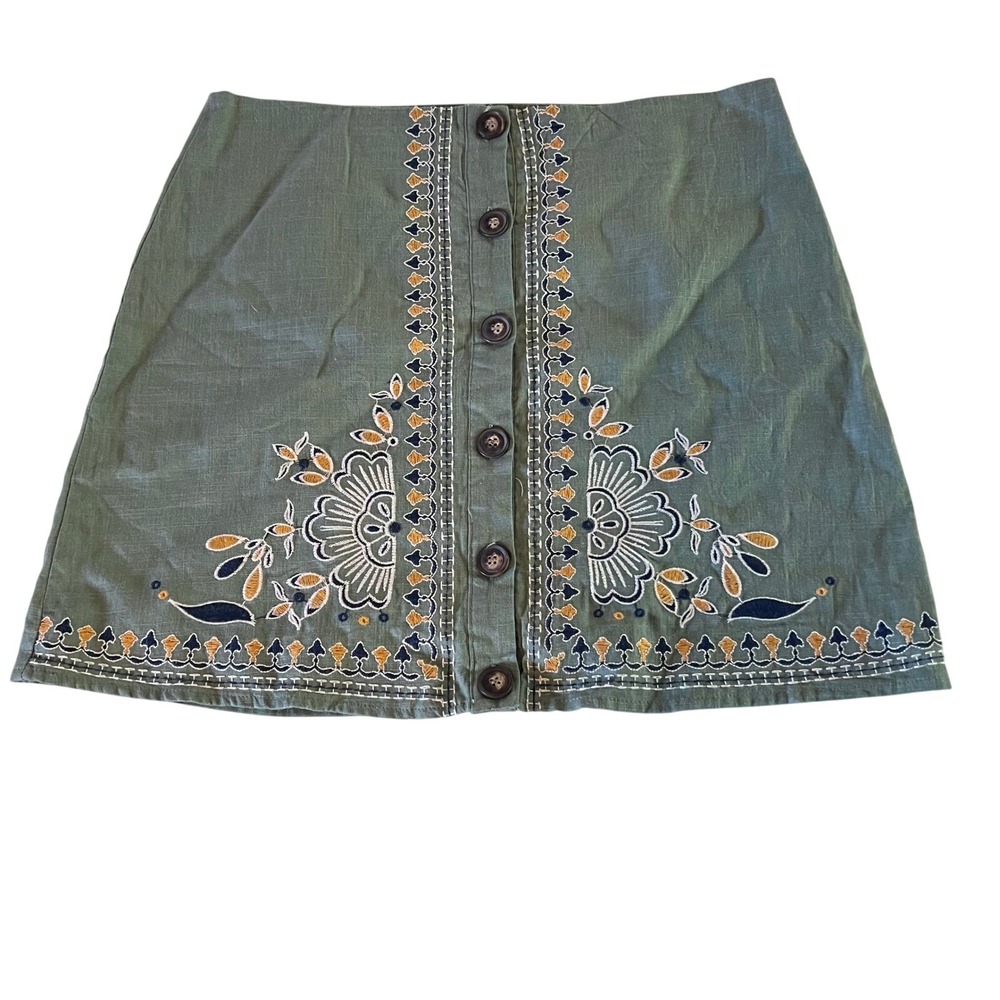Blue Rain‎ Francescas Green Embroidered Linen Blend Mini Skirt LARGE B9SS1011